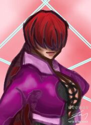 Rule 34 | 1girl, breasts, cleavage, cleavage cutout, clothing cutout, dress, female focus, fishnets, jacket, large breasts, long hair, pale skin, ponytail, red hair, shermie (kof), taegamma, the king of fighters, twintails, weewoo, weewoojap