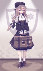 1girl absurdres bag black_ribbon boots breasts brown_eyes brown_gloves brown_hair cross cross_necklace dress frilled_cuffs frilled_dress frills gloves hat highres imazawa indoors jewelry long_hair looking_at_viewer necklace nun original ribbon small_breasts smile solo standing very_long_hair