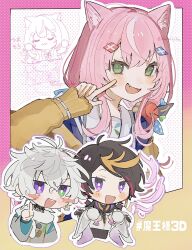 Rule 34 | 1girl, 2boys, :d, animal ear fluff, animal ears, antenna hair, apple hair ornament, artist name, black hair, blonde hair, blue ribbon, blue shirt, blush, blush stickers, border, braid, cardigan, cat ears, chibi, crossed bangs, eyelashes, fang, food-themed hair ornament, fur scarf, green eyes, hair between eyes, hair ornament, hair ribbon, hand up, heterochromia, highres, index finger raised, long hair, long sleeves, looking at viewer, multicolored eyes, multicolored hair, multiple boys, murakumo kagetsu, murakumo kagetsu (1st costume), nijisanji, nijisanji en, nijisanji kr, open cardigan, open clothes, open mouth, outline, outside border, pincushion, pink border, pink hair, polka dot, polka dot background, polka dot border, purple eyes, ribbon, sailor collar, school uniform, shirt, short hair, shu yamino, shu yamino (1st costume), side braid, sidelocks, single braid, skin fang, sleeves past wrists, smile, streaked hair, teeth, twitter username, upper body, upper teeth only, v-shaped eyebrows, virtual youtuber, vumakuike, white background, white hair, white outline, white sailor collar, wide sleeves, yang nari, yang nari (1st costume), yellow cardigan