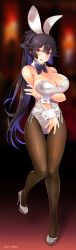108_gou 1girl animal_ears azur_lane black_bow black_bowtie black_hair blurry blurry_background bow bowtie breasts brown_eyes brown_pantyhose cleavage depth_of_field detached_collar fake_animal_ears female_focus full_body hair_flaps high_heels highres large_breasts leotard long_hair pantyhose playboy_bunny ponytail rabbit_ears rabbit_tail shiny_clothes solo strapless strapless_leotard sweat sweatdrop tail takao_(azur_lane) thigh_gap white_bow white_leotard wrist_cuffs