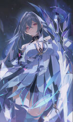 1girl absurdres bare_shoulders breasts closed_mouth dress genshin_impact grey_hair hair_between_eyes hair_ornament hand_up highres holding holding_sword holding_weapon large_breasts long_hair looking_at_viewer prosthesis prosthetic_arm prosthetic_leg red_eyes skirk_(genshin_impact) solo standing star_(sky) starry_sky_background sword very_long_hair weapon white_dress yi_shin_jian