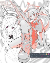 1girl blue_archive boots character_name closed_mouth flower gun hair_flower hair_ornament halo highres holding holding_gun holding_weapon long_hair monochrome multiple_views mutsuki_(blue_archive) on_one_knee poin_(goruchopame) screenshot_inset short_sleeves side_ponytail simple_background skirt spot_color twitter_username very_long_hair weapon