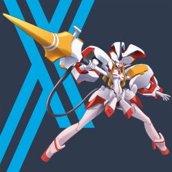 1girl android armor blue_horns breasts darling_in_the_franxx high_heels highres horns humanoid_robot lance mecha medium_breasts morinokame orange_eyes polearm robot robot_girl shoulder_armor single_horn skirt solo strelizia weapon