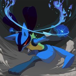 1other aura black_background closed_mouth commentary_request creatures_(company) dust energy eye_trail fighting_stance full_body furry game_freak gen_4_pokemon light_trail looking_at_viewer lucario mokechi nintendo outstretched_arms pokemon pokemon_(creature) red_eyes solo spread_arms