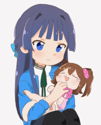 1girl :3 animal animal_ears animalization black_hair blue_bow blue_cardigan blue_eyes bow brown_hair cardigan cat closed_eyes closed_mouth green_ribbon hair_bow hair_ornament hair_scrunchie half_updo holding holding_animal hutaba idolmaster idolmaster_million_live! kasuga_mirai long_hair long_sleeves looking_at_animal mogami_shizuka neck_ribbon one_side_up open_cardigan open_clothes open_mouth pawpads pink_scrunchie ribbon scrunchie short_hair simple_background sitting smile white_background x_hair_ornament
