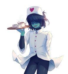 1other aamakuruu androgynous blue_bodysuit blue_hair blue_skin bodysuit colored_skin cup deltarune hair_over_eyes hat highres holding holding_tray kris_(dark_world)_(deltarune) kris_(deltarune) nurse nurse_cap open_mouth ponytail shaded_face short_hair skinny smile solo teacup teapot torso tray white_background wind wind_lift