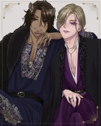 Rule 34 | 2boys, animal ears, arm on another&#039;s shoulder, black coat, blonde hair, brown hair, coat, coat on shoulders, commentary request, dark-skinned male, dark skin, fur coat, green eyes, grey background, highres, jewelry, leona kingscholar, lion boy, lion ears, long hair, looking at viewer, male focus, multiple boys, multiple rings, necklace, plunging neckline, purple eyes, ring, twisted wonderland, ukichan12011, vil schoenheit
