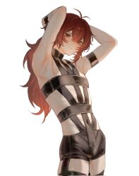 1boy armpits arms_up black_shorts closed_mouth diluc_(genshin_impact) genshin_impact hair_between_eyes highres long_hair male_focus red_eyes red_hair shorts solo white_background zehuij