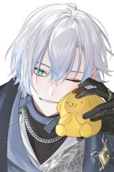 Rule 34 | 1boy, black coat, black gloves, black shirt, blue choker, blue eyes, blue hair, chain, chain necklace, character doll, choker, coat, coat on shoulders, collared shirt, commentary, crossed bangs, doll, gem, gloves, gold ring, gradient hair, hair between eyes, hand up, highres, holding, jewelry, kaelix debonair, kaohom503, looking at viewer, male focus, multicolored hair, necklace, nijisanji, nijisanji en, one eye closed, parted lips, pompompurin, ring, sanrio, shirt, short hair, simple background, smile, solo, symbol-only commentary, thumb ring, turtleneck, upper body, virtual youtuber, white background, white hair, white shirt, yellow gemstone