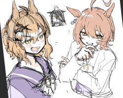 3girls agnes_tachyon_(umamusume) ahoge animal_ears bow bowtie braid chemical_structure closed_mouth coat crossed_bangs cup ear_ornament earrings ears_down emphasis_lines frown hair_between_eyes hair_ornament hairclip half_up_half_down_braid hand_on_own_chin hand_up highres holding holding_cup horse_ears horse_girl huge_ahoge jewelry jungle_pocket_(umamusume) long_hair_between_eyes long_sleeves manhattan_cafe_(umamusume) multicolored_hair multiple_girls ohagi_0909 purple_sailor_collar red_eyes sailor_collar school_uniform simple_background single_earring tracen_school_uniform umamusume white_background white_bow white_bowtie white_coat white_hair white_sailor_collar yellow_eyes