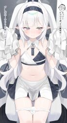 1boy 1girl absurdres bare_shoulders black_hairband blue_archive blush closed_mouth doodle_sensei_(blue_archive) embarrassed hairband highres himari_(blue_archive) long_hair looking_at_viewer looking_to_the_side millennium_cheerleader_outfit_(blue_archive) navel panties panty_pull pointy_ears pom_pom_(cheerleading) purple_eyes pussy_juice sensei_(blue_archive) shengtian sidelocks sitting skirt sports_bra stomach underwear wet white_hair white_panties white_skirt white_sports_bra