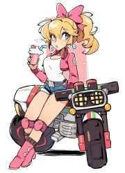 1girl almightychiru blonde_hair blue_eyes bow breasts cleavage commentary cup denim denim_shorts drink earrings gloves hair_bow highres holding holding_cup jacket jewelry long_hair mario_(series) mario_kart mario_kart_world motor_vehicle motorcycle nintendo pink_bow pink_jacket ponytail princess_peach princess_peach_(touring) rally_bike_(mario_kart_world) shirt short_shorts shorts simple_background solo sphere_earrings