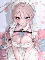 1girl alternate_costume apron blonde_hair blush breasts churu_(chu1e0) cleavage danganronpa_(series) danganronpa_v3:_killing_harmony enmaided frills heart highres iruma_miu large_breasts long_hair looking_at_viewer maid maid_apron maid_headdress neck_ribbon puffy_short_sleeves puffy_sleeves ribbon short_sleeves solo sweat white_apron
