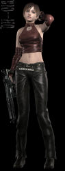 1girl 3d absurdres alternate_costume capcom dark elbow_gloves female_focus gloves highres leather long_image midriff official_art rebecca_chambers resident_evil resident_evil_0 solo tall_image