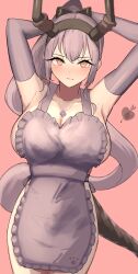 360_(taiyo360) absurdres apron arknights arms_up black_hairband black_horns blush breasts brown_tail closed_mouth collarbone commentary cowboy_shot elbow_gloves gloves grey_apron grey_gloves grey_hair hairband hands_in_hair hands_in_own_hair highres horns jewelry large_breasts long_hair looking_at_viewer naked_apron necklace pink_background pink_eyes ponytail simple_background standing tail tying_hair typhon_(arknights) very_long_hair