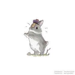animal animal_ears animal_focus artist_name berry_jou branch grass hat highres jiangshi_costume no_humans ofuda ofuda_on_head original pebble purple_hat rabbit rabbit_ears rabbit_tail simple_background tail traditional_media white_background