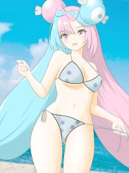 1girl absurdres bikini blue_hair bow-shaped_hair breasts character_hair_ornament cloud commentary_request day eyelashes grey_bikini hair_ornament highres iono_(pokemon) long_hair looking_down majikichi915 multicolored_hair navel nintendo open_mouth outdoors pink_hair pokemon pokemon_sv shore side-tie_bikini_bottom sky solo swimsuit two-tone_hair water