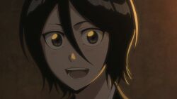 Rule 34 | 1girl, 2023, anime screenshot, black hair, bleach, bleach: sennen kessen-hen, blush, close-up, dark, eyelashes, female focus, hair between eyes, happy, highres, kuchiki rukia, looking at viewer, open mouth, parted lips, short hair, simple background, solo, solo focus, studio pierrot, sweatdrop, teeth, tongue