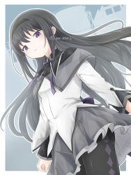 1girl akemi_homura akemi_homura_(magical_girl) argyle_clothes argyle_pantyhose artist_name black_hair black_hairband black_pantyhose frilled_skirt frills grey_skirt hairband highres long_hair looking_at_viewer mahou_shoujo_madoka_magica mahou_shoujo_madoka_magica_(anime) pantyhose peke_peke_s purple_eyes skirt solo