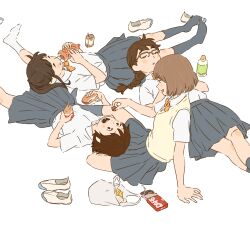 4girls 55bata6rou arm_support bag black_hair black_socks blue_skirt bottle brown_eyes brown_hair candy chocolate chocolate_bar closed_eyes crossed_legs feeding food hands_up highres hiura_towa juice_box kneehighs lap_pillow long_hair looking_at_another lying lying_on_person mou_ippon! multiple_girls nagumo_anna no_shoes on_back open_mouth pleated_skirt school_uniform shirt shoes short_hair short_sleeves simple_background sitting skirt smile socks sonoda_michi sweater_vest takigawa_sanae unworn_shoes white_background white_shirt white_socks yellow_sweater_vest