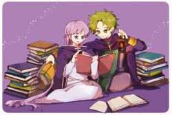 Rule 34 | 1boy, 1girl, absurdly long hair, book, book stack, cloak, fire emblem, fire emblem: the binding blade, green eyes, green hair, holding, holding book, holding lantern, lantern, long hair, neeeeeeega 2025, nintendo, open book, purple cloak, purple eyes, purple hair, raigh (fire emblem), sophia (fire emblem), very long hair