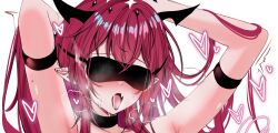 acedia arms_up black_horns blindfold blush breath cropped heart highres hololive hololive_english horns irys_(hololive) long_hair open_mouth paid_reward_available pointy_ears purple_hair saliva simple_background upper_body very_long_hair virtual_youtuber white_background