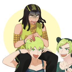 absurdres black_hair braid carrying double_bun dreadlocks ermes_costello foo_fighters_(jojo) green_eyes green_hair hair_bun highres jojo_no_kimyou_na_bouken kuujou_jolyne multicolored_hair overalls road9ame short_hair shoulder_carry stone_ocean two-tone_hair