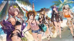 5girls alternate_costume amiya_(arknights) animal_ears arknights bag beach bear_ears bear_girl bikini black_bikini black_hair black_hat black_jacket blonde_hair blue_eyes blue_shorts brown_eyes ch&#039;en_(arknights) ch&#039;en_the_holungday_(arknights) closed_mouth day eyewear_on_head green_eyes hand_on_own_hip hat horns jacket jewelry korean_commentary kyo_zip lin_(arknights) long_hair long_sleeves looking_at_viewer multicolored_hair multiple_girls multiple_rings off_shoulder official_alternate_costume official_art open_mouth palm_tree purple_eyes purple_hair purple_jacket rabbit_ears rabbit_girl ring sandals second-party_source short_shorts shorts shoulder_bag skirt smile snowsant_(arknights) snowsant_(summer)_(arknights) sun_hat sunglasses swimsuit swire_(arknights) swire_the_elegant_wit_(arknights) thigh_strap tree walking white_hair white_skirt