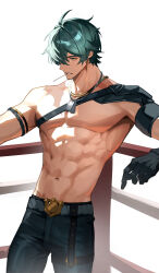 1boy abs arm_rest armlet belt belt_buckle bf2xuec6ow98466 black_gloves black_straps blue_pants boxing_ring buckle chest_strap commentary dog_tags english_commentary gloves green_hair groin highres jewelry lighter_(zenless_zone_zero) looking_ahead male_focus navel necklace pants parted_bangs parted_lips pectorals profile short_hair solo standing teeth thigh_strap toned toned_male topless_male white_background zenless_zone_zero
