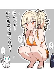 ... 1girl ? bag bikini blonde_hair blue_eyes breasts brown_eyes cat cleavage commentary_request grey_background hanpen_(love_live!) light_blush love_live! love_live!_nijigasaki_high_school_idol_club medium_breasts miyashita_ai mukiryoku_bato nervous_sweating orange_bikini ponytail school_bag smile spoken_ellipsis squatting sweat swimsuit translation_request white_background