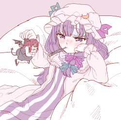 2girls arm_support bed_sheet black_footwear black_skirt black_wings blue_bow blunt_bangs blush bow crescent crescent_pin demon_tail demon_wings dress fang flat_color hair_bow hat head_wings holding koakuma liquid-in-glass_thermometer long_hair long_sleeves lying mini_person minigirl mob_cap multiple_girls nose_blush open_mouth patchouli_knowledge pink_background pink_hat purple_bow purple_dress purple_eyes purple_hair red_eyes red_hair satomachi shirt shoes sick simple_background skirt skirt_set star_(symbol) striped_clothes striped_dress sweatdrop tail thermometer touhou towel towel_on_head vertical-striped_clothes vertical-striped_dress white_shirt wings