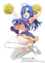 Rule 34 | 1girl, ahoge, alternate costume, armpits, arms up, artist name, asanagi, ass, blue hair, breasts, cheerleader, city connection, clarice (city connection), clothes writing, commentary request, copyright name, covered erect nipples, crop top, full body, green eyes, guest art, hair between eyes, holding, holding pom poms, large breasts, long hair, looking at viewer, midriff, miniskirt, navel, pom pom (cheerleading), pom poms, purple shirt, purple skirt, second-party source, shirt, shoelaces, shoes, simple background, skindentation, skirt, sleeveless, sleeveless shirt, sneakers, solo, sweat, teeth, thighhighs, thighs, underboob, upper teeth only, white background, white shoes, white thighhighs