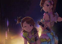 Rule 34 | 2girls, brown eyes, brown hair, closed mouth, collarbone, commentary request, fingerless gloves, futami ami, futami mami, gloves, glowstick, grin, hair ribbon, highres, hitoto, holding, holding microphone, idolmaster, idolmaster (classic), looking at viewer, looking back, microphone, multiple girls, night, one eye closed, ribbon, short hair, short sleeves, siblings, side ponytail, single fingerless glove, sisters, skirt, sleeveless, smile, stage, star (symbol), twins