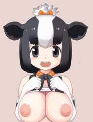 1girl animal_ears animal_print black_hair blush bow breasts clothes_lift cow_ears cow_girl cow_print elbow_gloves flashing gloves highres holstein_friesian_cattle_(kemono_friends) kemono_friends ki94959437 large_breasts lifting_own_clothes looking_at_viewer multicolored_hair nipples open_mouth shirt shirt_lift short_hair smile solo spine_(medium) two-tone_hair white_hair