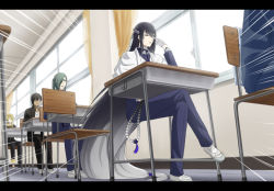 Rule 34 | 10s, 5boys, absurdly long hair, black hair, chair, classroom, desk, emphasis lines, gloves, hira0812, hira (hira0812), indoors, invisible chair, juzumaru tsunetsugu, letterboxed, long hair, low-tied long hair, male focus, midorikawa hikaru, motion lines, multicolored hair, multiple boys, nikkari aoe, ookurikara, parody, sakamoto, sakamoto desu ga?, school, school chair, school desk, shishiou (touken ranbu), shoes, sitting, solo focus, speed lines, touken ranbu, two-tone hair, uwabaki, very long hair, voice actor connection, white hair, window