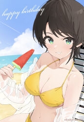 1girl absurdres aqua_eyes beach_chair bow breasts brown_hair chair cleavage food grin halterneck heavy_breathing highres holding holding_food holding_popsicle hololive kakeru_(kakeruanim) looking_at_viewer lounge_chair medium_breasts navel oozora_subaru popsicle see-through_clothes see-through_shirt shirt short_hair smile solo summer swept_bangs swimsuit twitter_username virtual_youtuber watermelon_bar wet wet_clothes wet_shirt yellow_bow