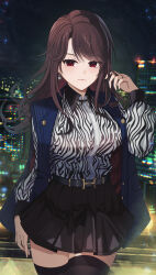 1girl absurdres animal_print belt black_skirt black_thighhighs blue_vest breasts brown_hair city closed_mouth earrings gimyogi highres jewelry large_breasts long_hair long_sleeves looking_at_viewer miniskirt night open_clothes open_vest original outdoors pleated_skirt shirt skirt solo thighhighs vest white_shirt zebra_print zettai_ryouiki
