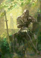 2boys architecture arm_up armor black_coat black_gloves blonde_hair book brick brick_wall chinese_commentary cloud_strife coat collarbone commentary crossed_legs day elbow_rest expressionless final_fantasy final_fantasy_vii final_fantasy_vii_advent_children foliage gloves grey_hair hair_over_shoulder hand_on_own_cheek hand_on_own_face hand_up high_collar highres holding holding_book katana leaf light_smile long_coat long_hair long_sleeves looking_at_another looking_down male_focus moyna multiple_boys outdoors parted_bangs pauldrons pectorals plant planted planted_sword planted_weapon puddle reading ripples sephiroth short_hair shoulder_armor sitting smile spiked_hair sunlight sword wall water weapon
