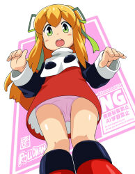 1girl blonde_hair blush blush_stickers bow dress from_below green_bow green_eyes kusomushi_t loli mega_man_(classic) mega_man_(series) open_mouth panties pink_panties ponytail red_dress roll_(mega_man) simple_background solo thighs underwear upskirt