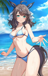 1girl ahoge animal_ears aqua_eyes bikini blue_bikini blue_sky blush breasts brown_hair cleavage closed_mouth commentary_request commission daring_tact_(umamusume) day hair_ornament harimoji highres horse_ears horse_girl horse_tail indoors looking_at_viewer medium_breasts medium_hair navel o-ring o-ring_top skeb_commission sky smile solo stomach swimsuit tail thighs umamusume wet white_bikini