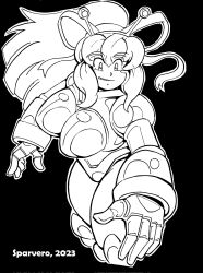 antennae armor armored_gloves arms_up bikini_armor black_background boots breasts fighting_stance hair_ribbon hairband headphones highres hyper_roll_(marvel_vs._capcom) ink joints knee_boots knee_pads large_breasts long_hair looking_at_another looking_at_viewer marvel_vs._capcom mechanical_arms mechanical_legs mega_man_(classic) mega_man_(series) ponytail pumpkinsareholy radio_antenna ribbon robot robot_girl robot_joints roll_(mega_man) shoulder_armor sidelocks simple_background smile