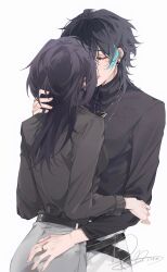 2girls black_hair black_shirt blush chief_(path_to_nowhere) chinese_commentary cinnabar_(path_to_nowhere) closed_eyes collared_shirt commentary dated doo58455 earclip earrings female_chief_(path_to_nowhere) grey_pants hand_on_another&#039;s_hip hand_on_another&#039;s_shoulder heads_together highres jewelry kiss long_hair multicolored_hair multiple_girls official_alternate_costume pants path_to_nowhere shirt short_hair signature streaked_hair triangle_earrings triangle_necklace turtleneck upper_body watermark white_background white_pants yuri