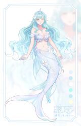1girl absurdres bikini blue_bikini blue_eyes blue_hair blue_tail breasts cleavage fins flower full_body hair_flower hair_ornament head_fins highres liliantsai0417 long_hair medium_breasts mermaid monster_girl nail_polish navel original stomach swimsuit tail tail_flower tail_ornament variant_set very_long_hair