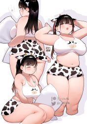 Rule 34 | 1girl, animal print, ass, borrowed character, breasts, brown hair, cleavage, cow print, curvy, futao miruku (riki), gluteal fold, highres, large breasts, long hair, navel, original, pajamas, pink eyes, plump, simple background, skindentation, thick thighs, thighs, twintails, white background, wide hips, zasshu