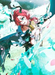1girl absurdres black_collar ciaccona_(wuthering_waves) collar commentary_request dress frilled_wrist_cuffs frills green_eyes green_jacket highres holding holding_microphone_stand jacket looking_to_the_side medium_hair microphone_stand oekaki_taro open_mouth pointy_ears red_hair smile solo tacet_mark_(wuthering_waves) tree_horns white_dress white_wrist_cuffs wrist_cuffs wuthering_waves
