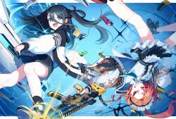 2girls :d absurdres ahoge apron aqua_halo aris_(blue_archive) battle black_hair black_halo black_nails black_shoes black_skirt blue_archive blue_background blue_eyes blue_necktie border braid bright_pupils center_frills chain collared_shirt commentary cross-laced_shoes english_commentary fang fighting_stance firing floating_hair foot_out_of_frame frilled_apron frilled_shirt frills grin gun hair_between_eyes halo highres hj_penguin holding holding_gun holding_weapon huge_ahoge id_card jacket kei_(robot)_(blue_archive) long_hair long_hair_between_eyes long_sleeves looking_at_viewer maid maid_headdress miniskirt mole mole_under_each_eye mole_under_eye motion_blur multiple_girls multiple_moles muzzle_flash nail_polish necktie neru_(blue_archive) one_side_up open_mouth orange_hair outside_border pleated_skirt puffy_long_sleeves puffy_sleeves rectangular_halo red_eyes ringed_eyes school_uniform shell_casing shirt shoes short_eyebrows short_hair simple_background single_braid skirt smile sneakers sparkle standing v-shaped_eyebrows very_long_hair waist_apron weapon white_apron white_border white_jacket white_pupils white_shirt white_shoes