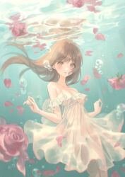 1girl air_bubble bare_shoulders breasts brown_eyes brown_hair bubble collarbone commentary_request commission dress floating_hair flower highres long_hair looking_at_viewer marutani medium_breasts original parted_lips petals pink_flower pink_rose rose skeb_commission solo underwater water white_dress