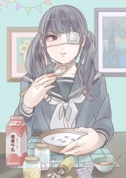 1girl absurdres black_hair black_sailor_collar black_shirt bowl commentary drooling eyepatch highres holding holding_spoon indoors long_hair long_sleeves looking_at_viewer milk milk_carton neckerchief open_mouth original parted_lips pill red_eyes sailor_collar school_uniform serafuku shirt solo spoon sunago_(7100nu) translation_request twintails upper_body white_neckerchief