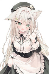 1girl :d animal_ear_fluff animal_ears apron bad_source beret black_bow black_dress black_hat black_sleeves blush bow cat_hair_ornament chen_bin detached_sleeves dress fang frilled_apron frills green_eyes hair_between_eyes hair_intakes hair_ornament hand_up hat highres long_bangs long_hair long_sleeves looking_at_viewer open_mouth original puffy_long_sleeves puffy_sleeves safety_pin simple_background skirt_hold smile solo very_long_hair white_apron white_background white_hair