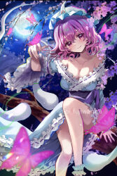 1girl bare_legs blue_butterfly breasts bug butterfly butterfly_on_hand cherry_blossoms cleavage frills fujiwara_aoi full_moon glowing_butterfly hat insect japanese_clothes mob_cap moon night night_sky pink_eyes pink_hair saigyouji_yuyuko short_hair sky solo touhou tree triangular_headpiece white_butterfly